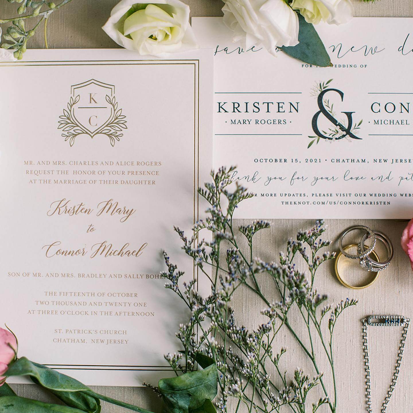 Outdoor wedding invitations and flowers on a table at Florham Park wedding venue.