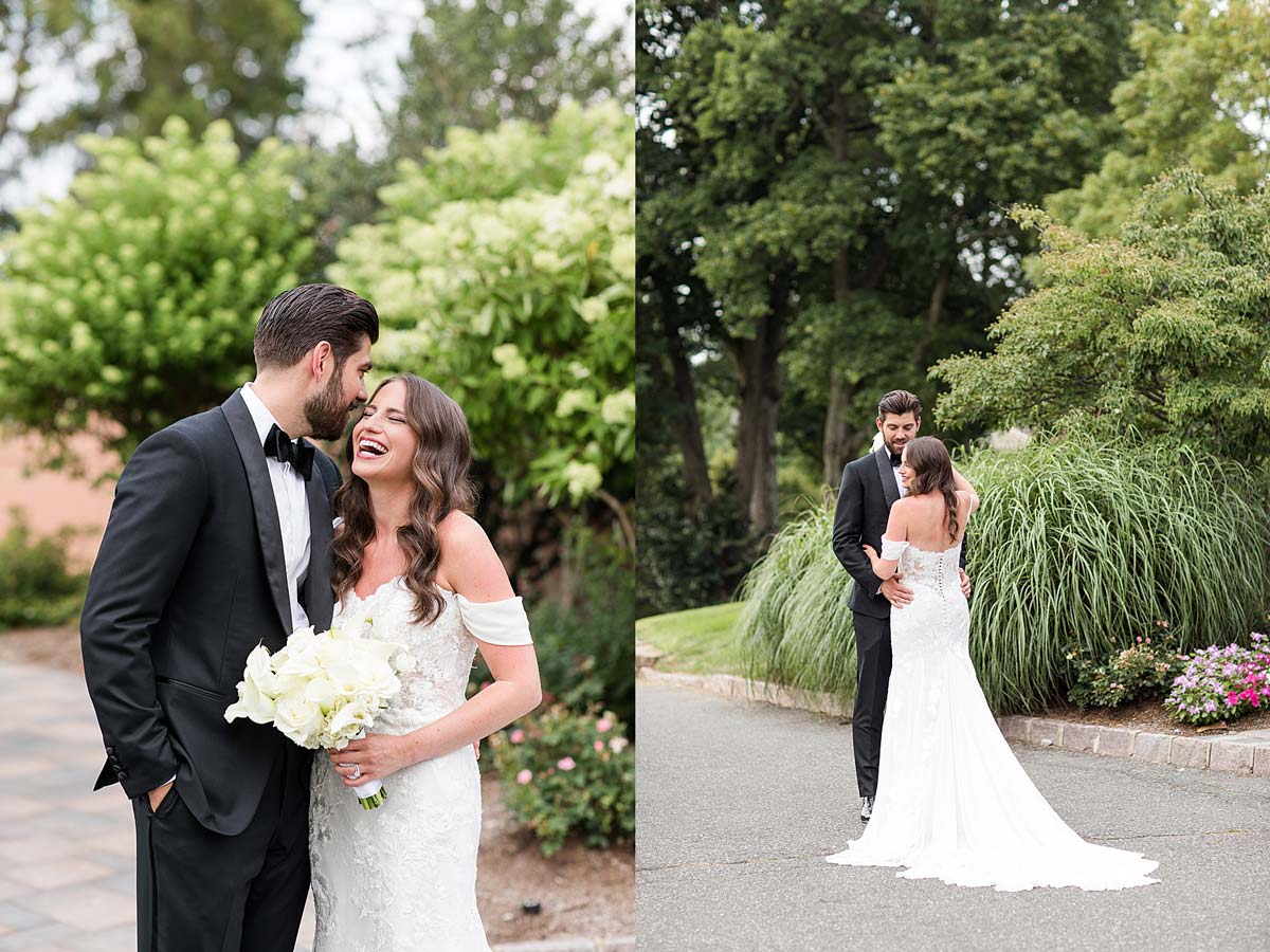 Two wedding photos: on the left, a couple smiling and holding a bouquet after getting their marriage license in NJ, on the right, the couple embracing outdoors with greenery in the background.