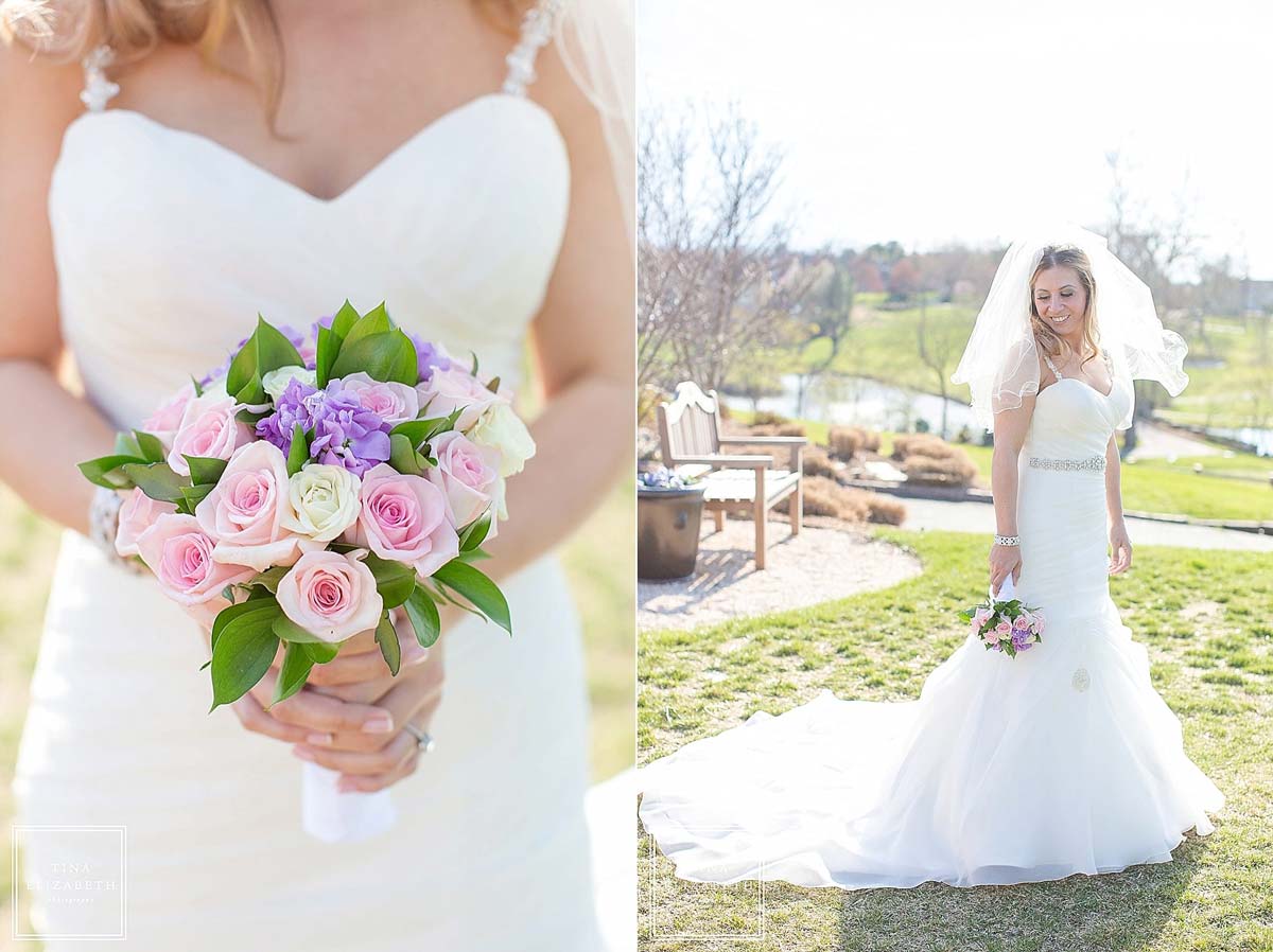 A bride in a white wedding dress holds a bouquet of pink and purple flowers in one image and poses outdoors in a garden setting, perhaps after getting your marriage license in NJ, in the other.