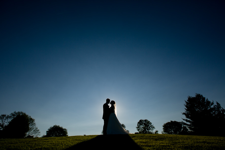 Silhouetted couple in wedding attire share a kiss on a grassy hill at dusk, framed by a clear darkening sky and the outlines of trees in the background, celebrating getting your marriage license in NJ.