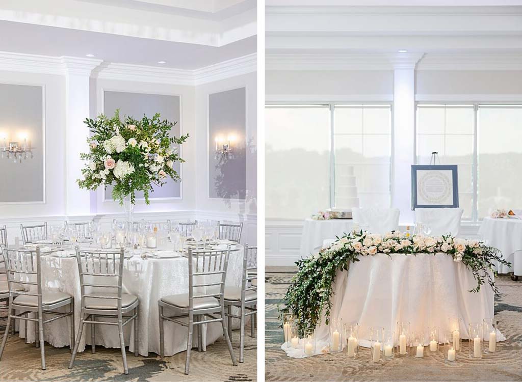 Elegant wedding reception setup with round tables, silver chairs, floral centerpieces, and a candle-lit sweetheart table adorned with greenery. Consider honoring parents and grandparents at your wedding by incorporating cherished family heirlooms into the decor for a personal touch.