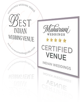 indian-badges Two award badges: one reads "Best NJ Indian South Asian Weddings Venue," and the other says "Maharani Weddings Certified Venue - Indian Weddings" with five gold stars.
