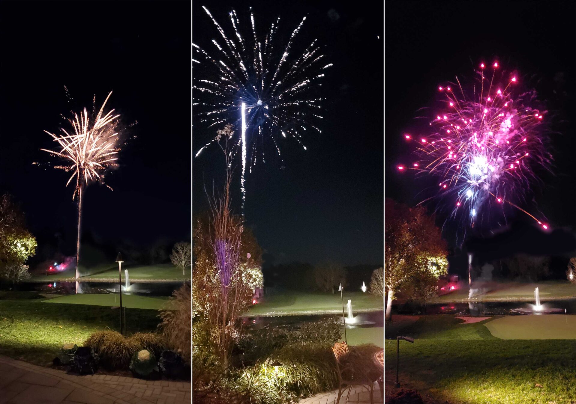 brooklake-fireworks Three-panel image showing fireworks lighting up the night sky above a grassy area with trees and a pond, viewed from a landscaped garden at an elegant NJ wedding venue.